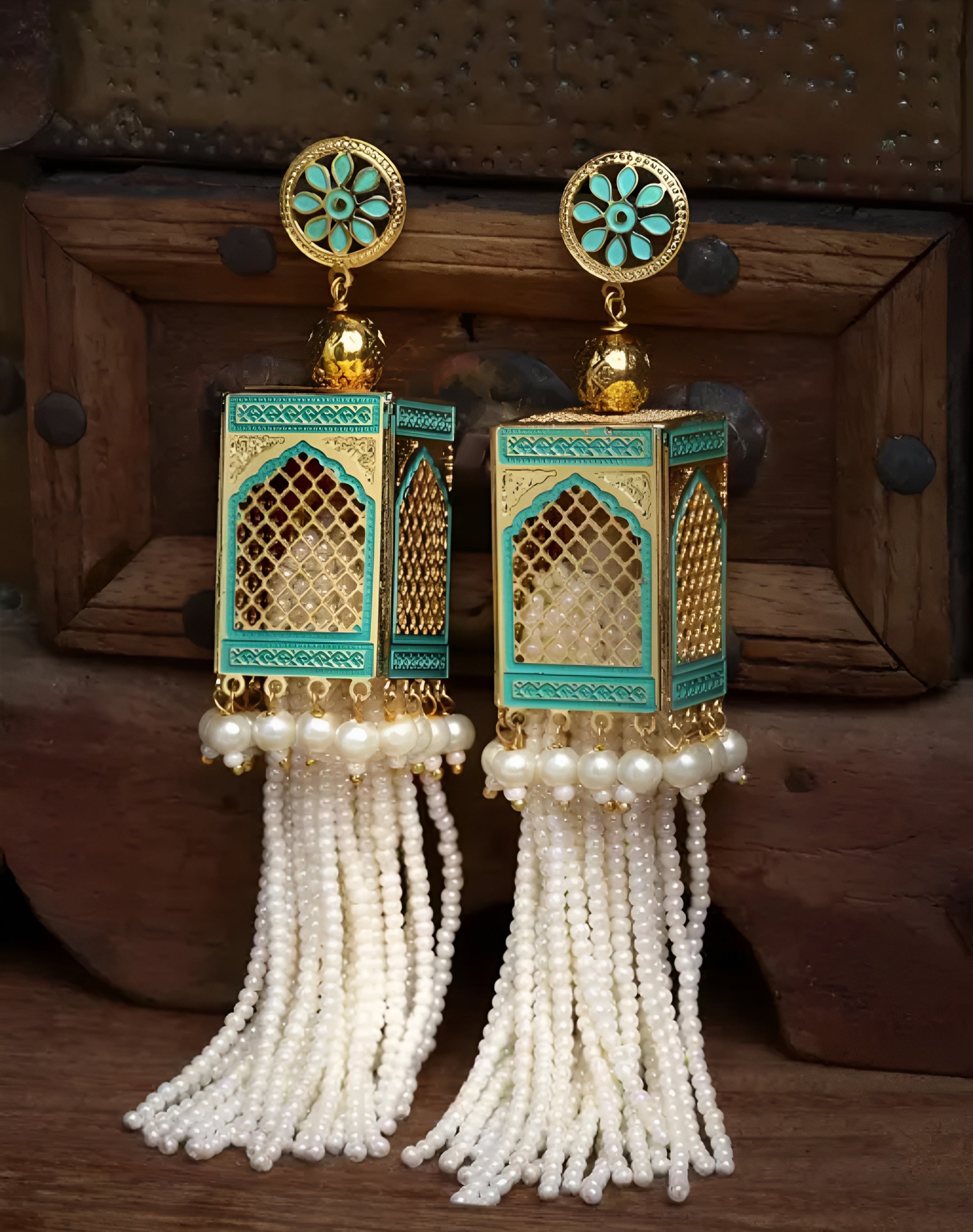Traditional Mughal-Inspired Jharokha Earrings with Pearl Tassels