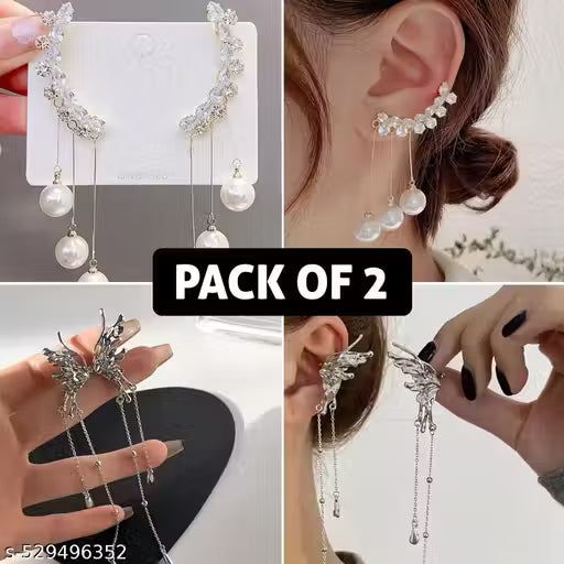 Kivaso Trendy Korean Butterfly Wings & Pearl Tassel Ear Cuff Combo Earrings for Girls|