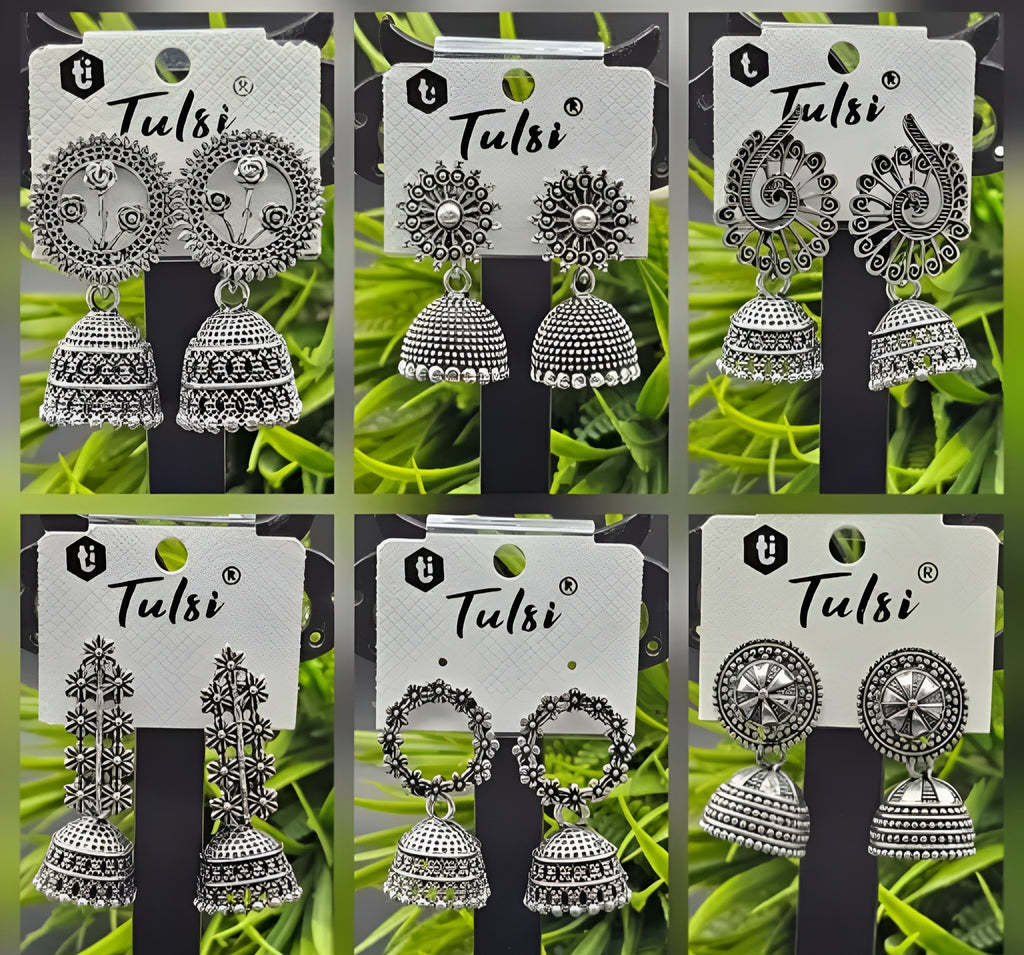 Tulsi Oxidized Silver Jhumka Earrings Stylish Traditional Designs (Pack of 6)