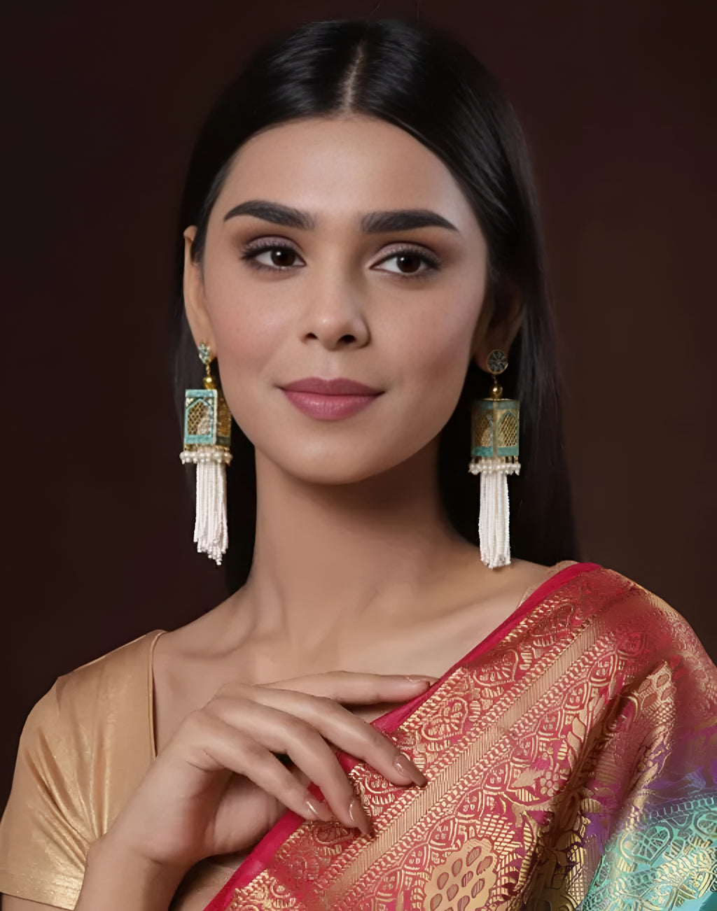 Traditional Mughal-Inspired Jharokha Earrings with Pearl Tassels