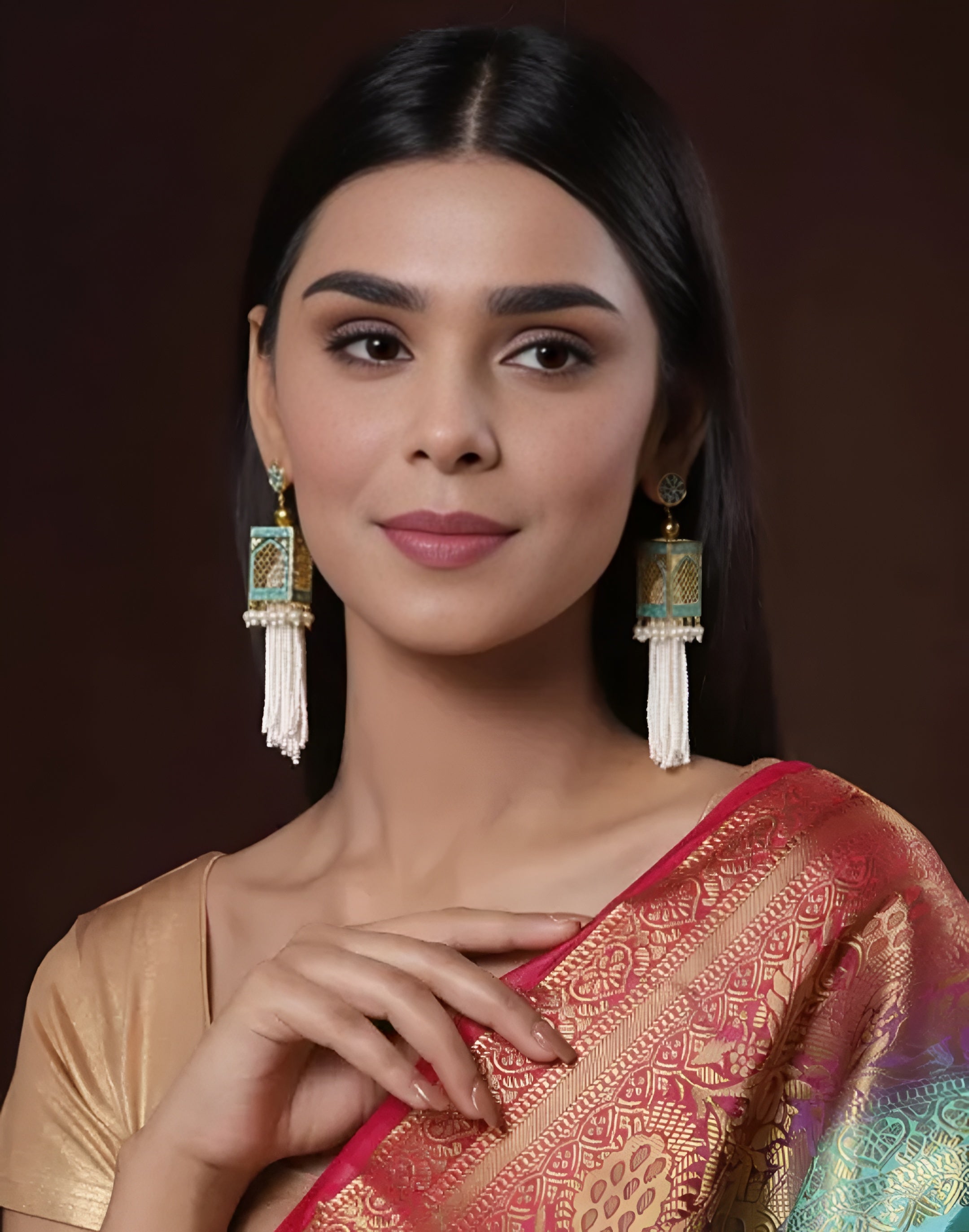 Traditional Mughal-Inspired Jharokha Earrings with Pearl Tassels