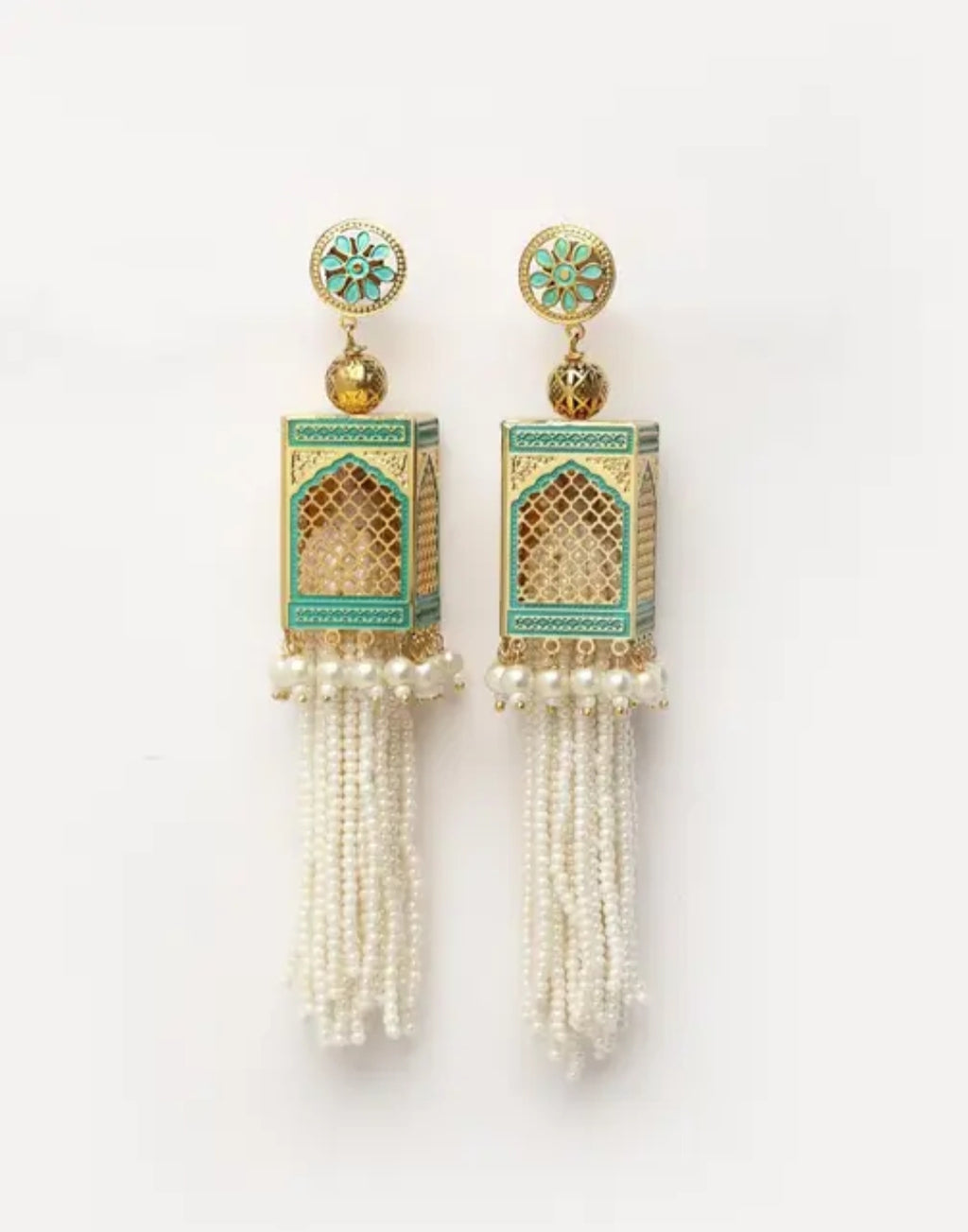 Traditional Mughal-Inspired Jharokha Earrings with Pearl Tassels