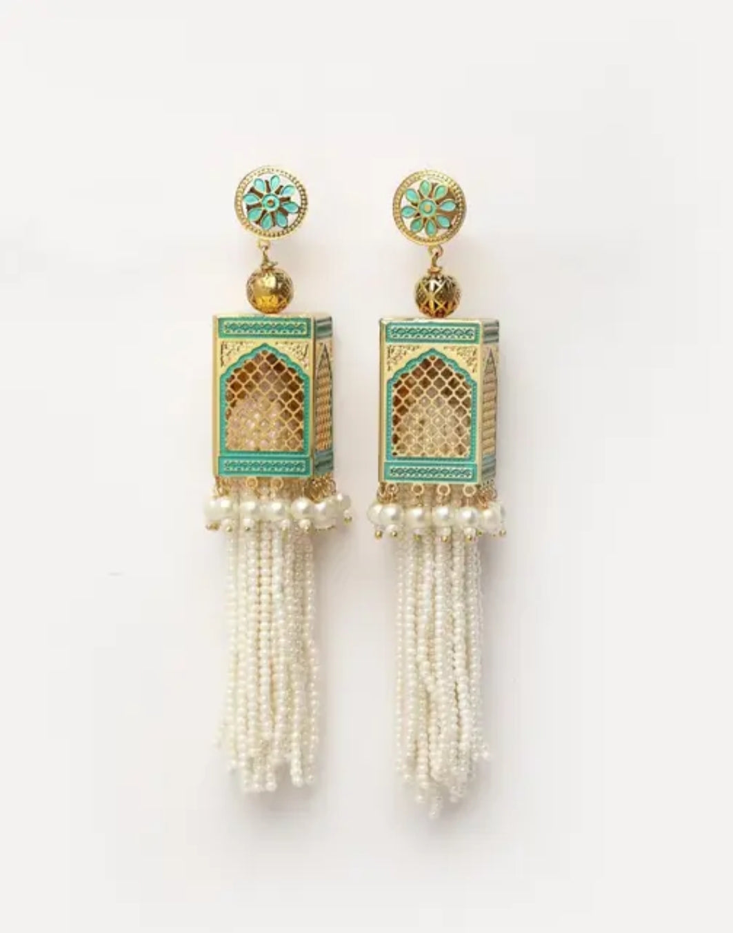 Traditional Mughal-Inspired Jharokha Earrings with Pearl Tassels