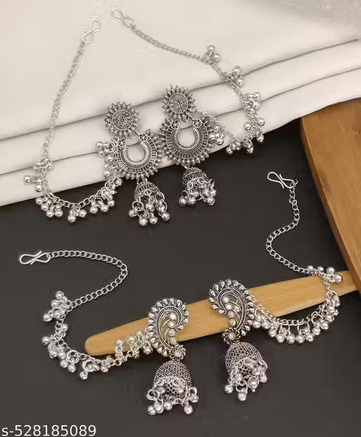 JEWELS Ethnic Black Stone Silver Look Jhumka Earrings | 1 pair | Handmade and Unique